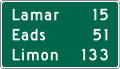 Mileage signs for highway routes, Colorado &mdash; Regulatory sign &mdash; Interchange Exit Direction Signs (MUTCD D2-3)
